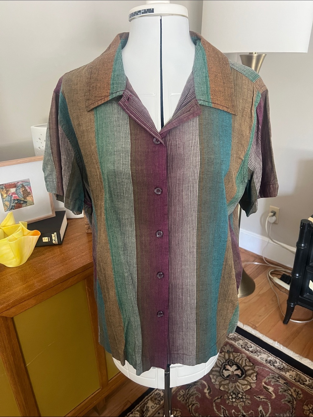 Relaxed Short-Sleeve Button-Front Stripe Shirt in Multicolor